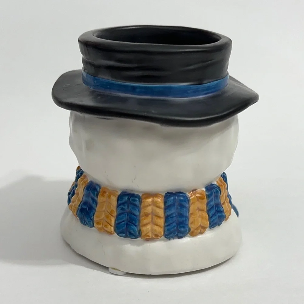 Vintage Ceramic Snowman Votive Candle Holder with Scarf and Bird on Hat
